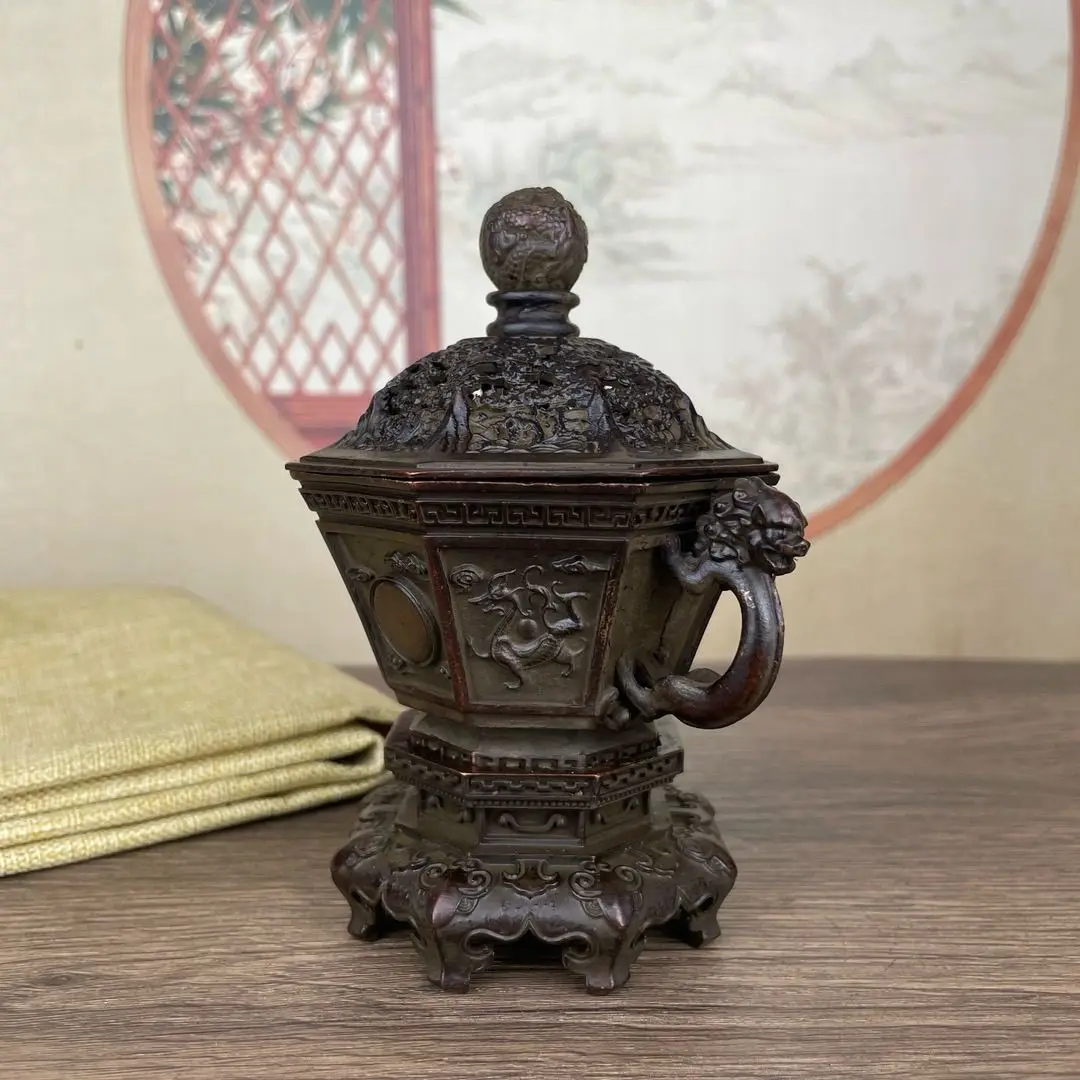 Антикварная рельефная курильница из бронзы четыре священных зверей для