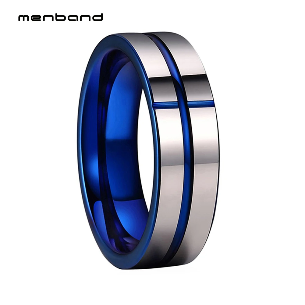 

8mm Blue Tungsten Carbide Rings for Women Wedding Band Cross Groove Flat Polished Finish Ring Comfort fit