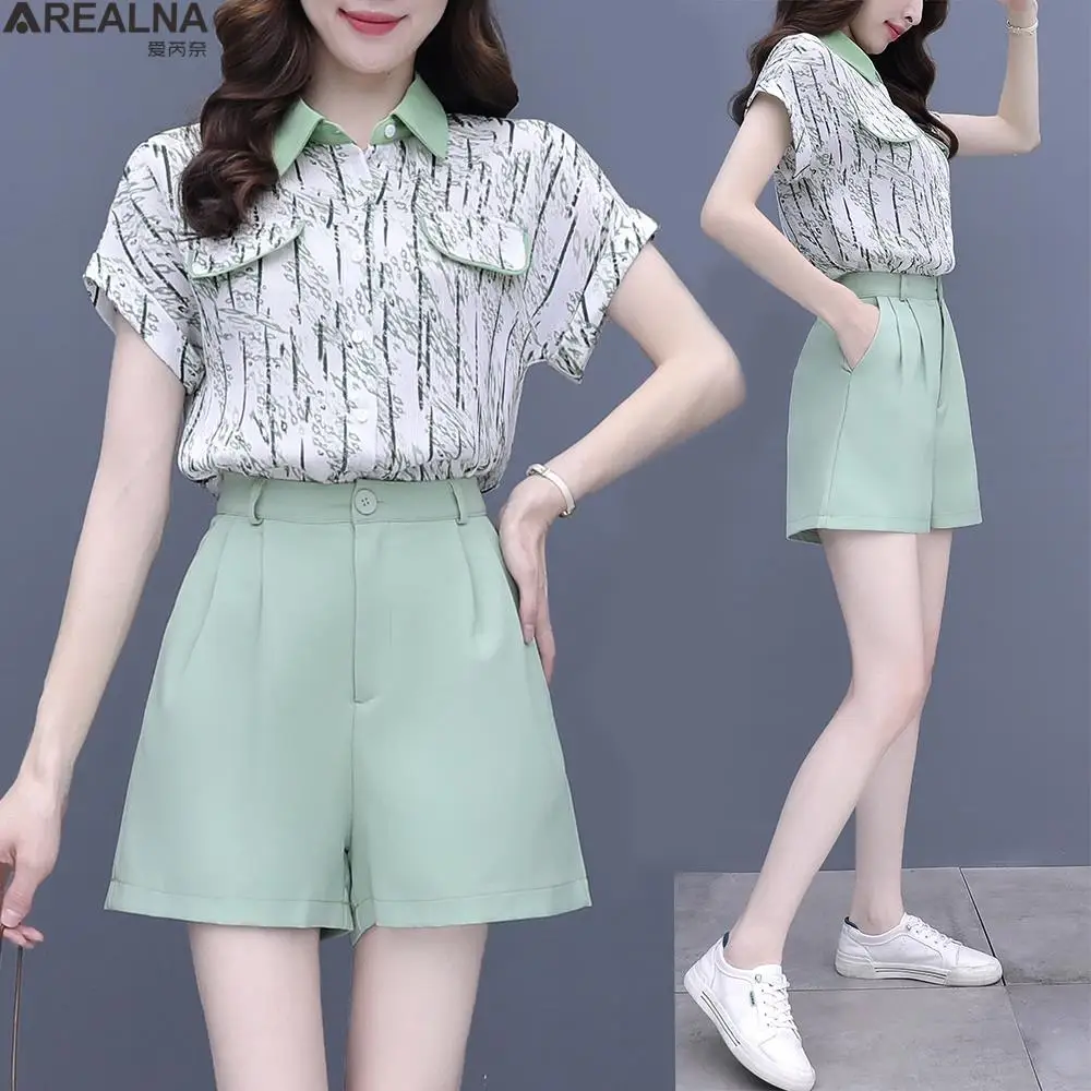 

Korean fashion office green Women Shorts Sets summer Short Sleeve lapel chiffon blouse + Shorts two piece sets womens outifits