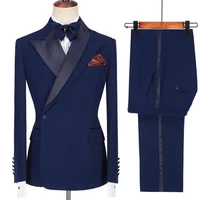 handsome design navy blue men suits double breasted wedding slim fit groom tuxedos 2 pieces prom party suits jacket with pants