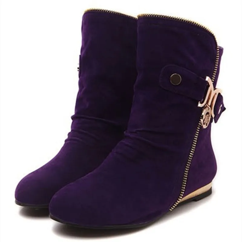 

Lady Retro Rinding Boots Flock Big Sizes 33-43 Warm Mujer Flats Metal Ankle Botas Women Flattie Shoe Short Autumn Booty Purple