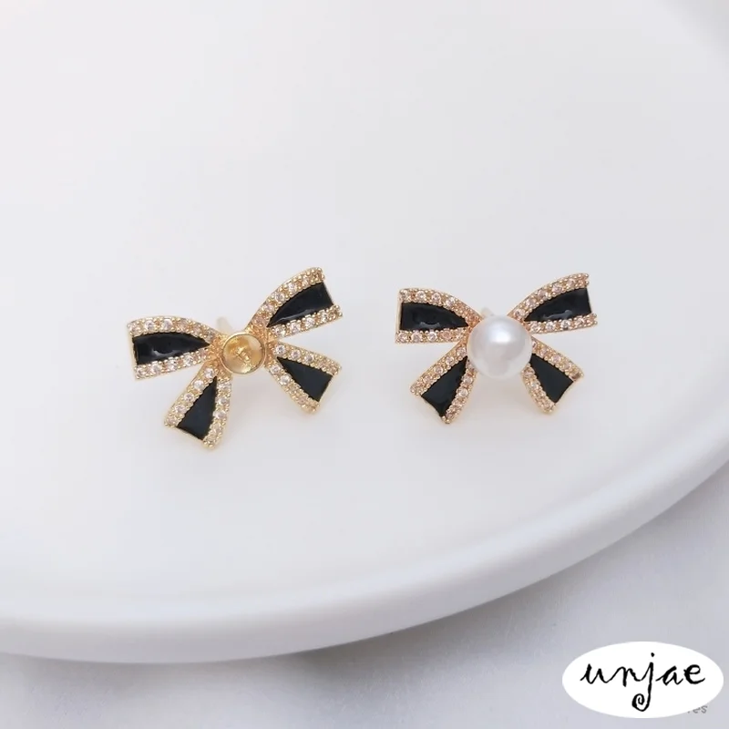 

S925 Needle Half Hole Pearl Holder Bow Stud Earrings Black Inlaid Zircon 14K Gold DIY Temperament Lady Gift Earrings