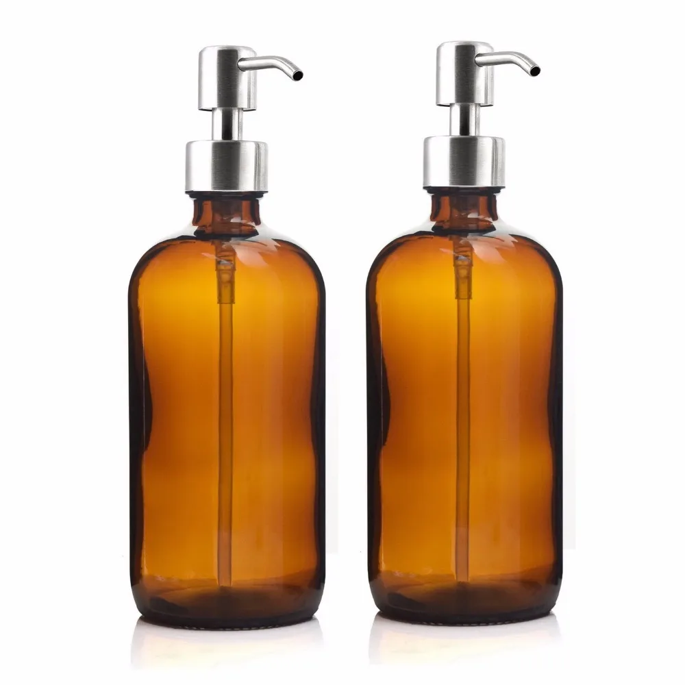 

16 Oz Large 500ml Liquid Soap Dispenser Amber Glass Pump Bottle with Stainless Steel Lotion Pump for homemade lotions detergent