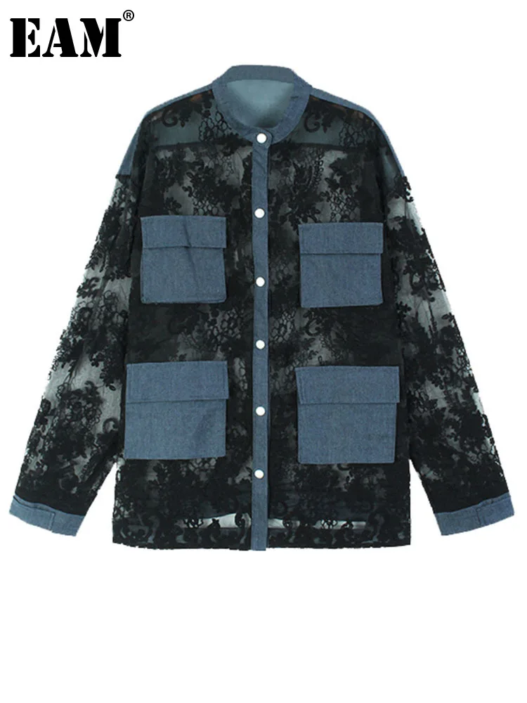 

[EAM] Women Black Lace Denim Big Size Blouse New Stand Collar Long Sleeve Loose Fit Shirt Fashion Spring Autumn 2023 1DH1979