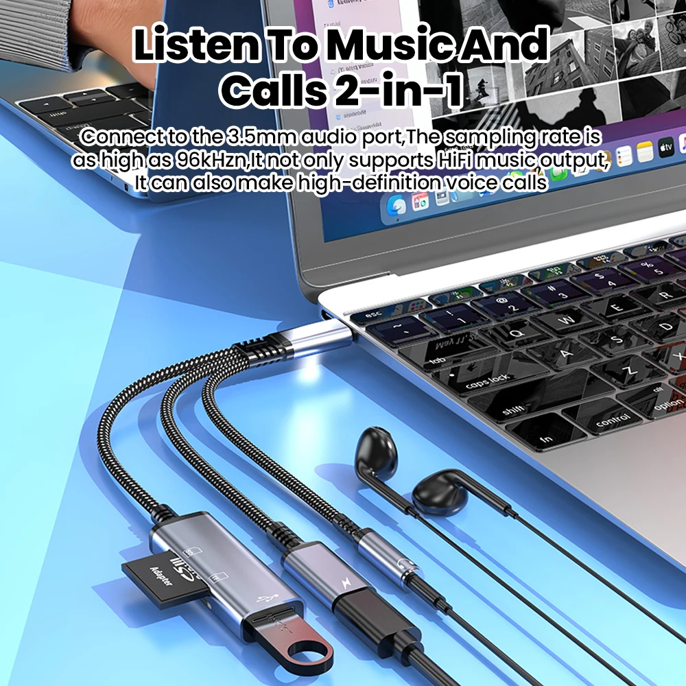 Фото Многофункциональный адаптер Type-C 5-в-1: зарядка Type-C/USB-C, 3,5 мм, кардридер SD/TF, USB 2.0. Высокоскоростной кабель-адаптер для iPhone 15, 16, Samsung. №5