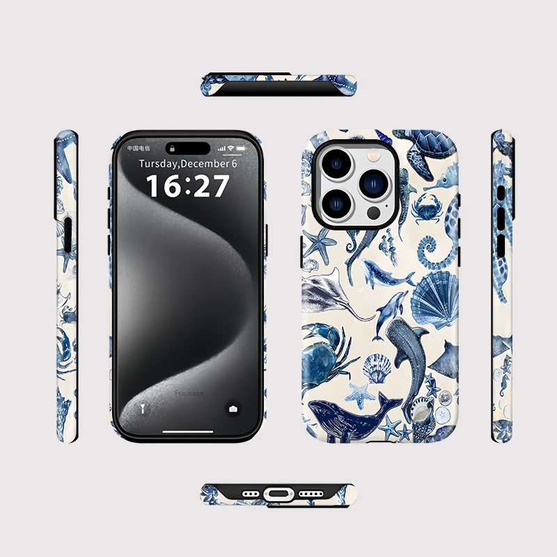 Фото Матовый чехол Fcicicase для iPhone 17, 16, 15 Pro Max, 14 Plus, 12, 13, 11 Air, совместимый с MagSafe, 2-в-1, магнитный, с изображением акулы и морских животных №2