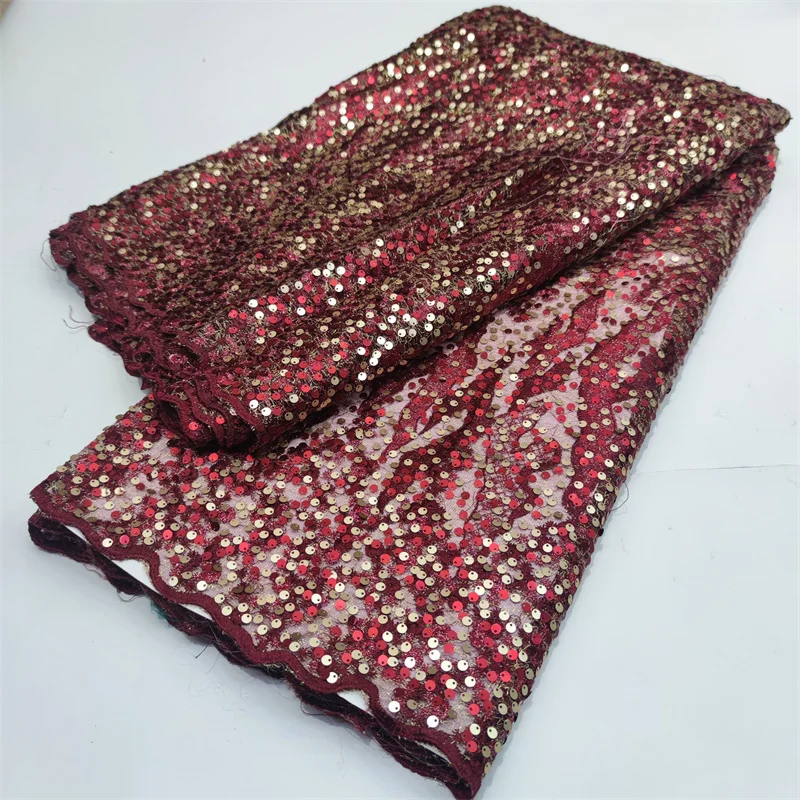 

French For Birthday Party Dress 2022 High Quality African Wine Red Velvet Sequins Mesh Lace Nigerian Embroidered Tulle Fabric