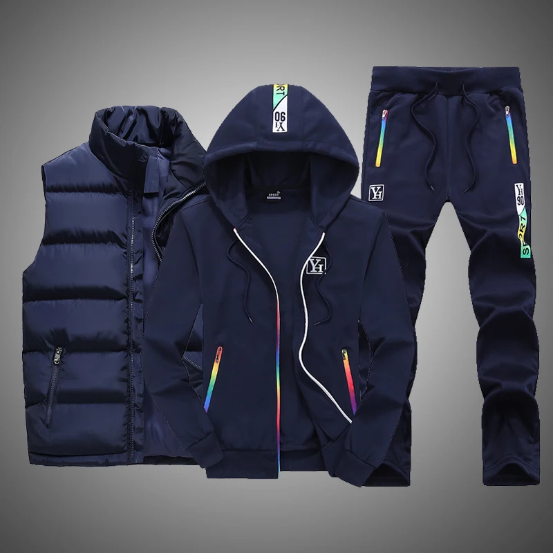 

Sweat Suit New Winter Men's Clothing Men Sets 3 Pieces Vest Hoodie Set Fleece Zipper Casual Sport Sweatpant Men Tracksuit Outfit