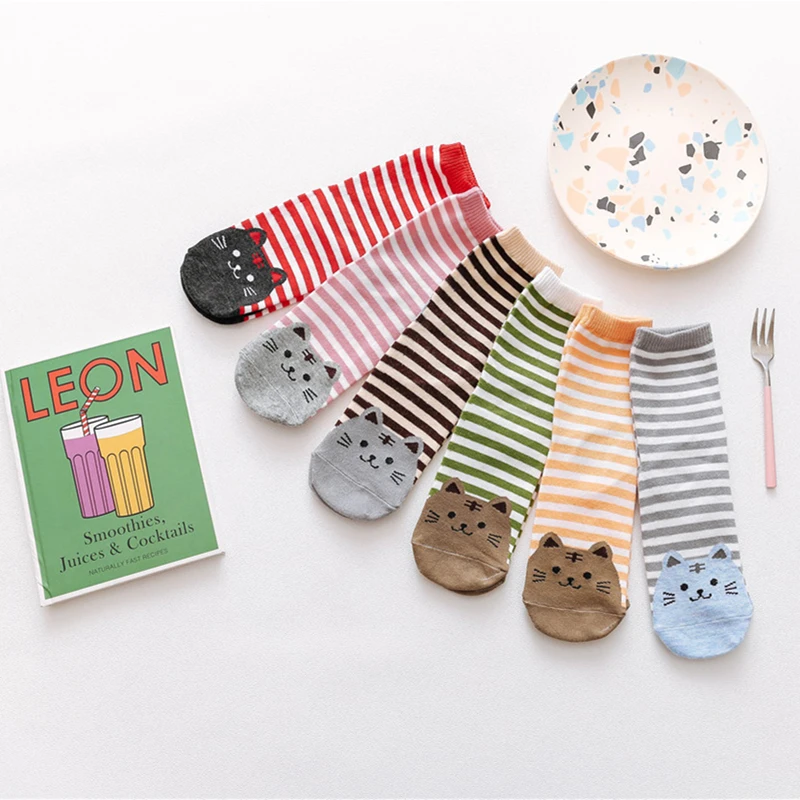 

6 пар/лот Новая мода Женские Носки с рисунком кота из мультфильма с отпечатком ноги 3D животных Стиль полосатые носки женские тапочки Meias, носки для женщин