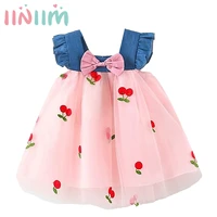 toddler baby girls cute embroidery princess dress birthday tutu short sleeve denim tulle patchwork puffy party dress for baptism