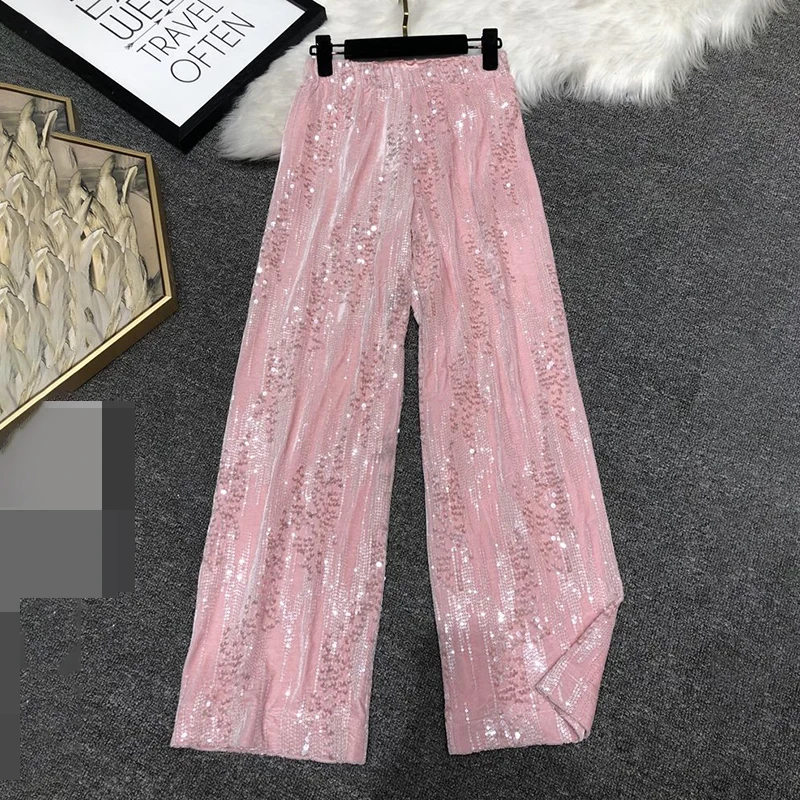 2022 summer new thin sequins slim fit slim flared trousers long legs drape high waist mopping trousers women