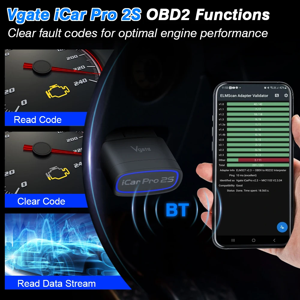 Фото Vgate ICar Pro 2S ELM327 V2.3 BT5.3 Беспроводной сканер OBD2 для диагностики автомобилей с поддержкой диагностики электромобилей №1