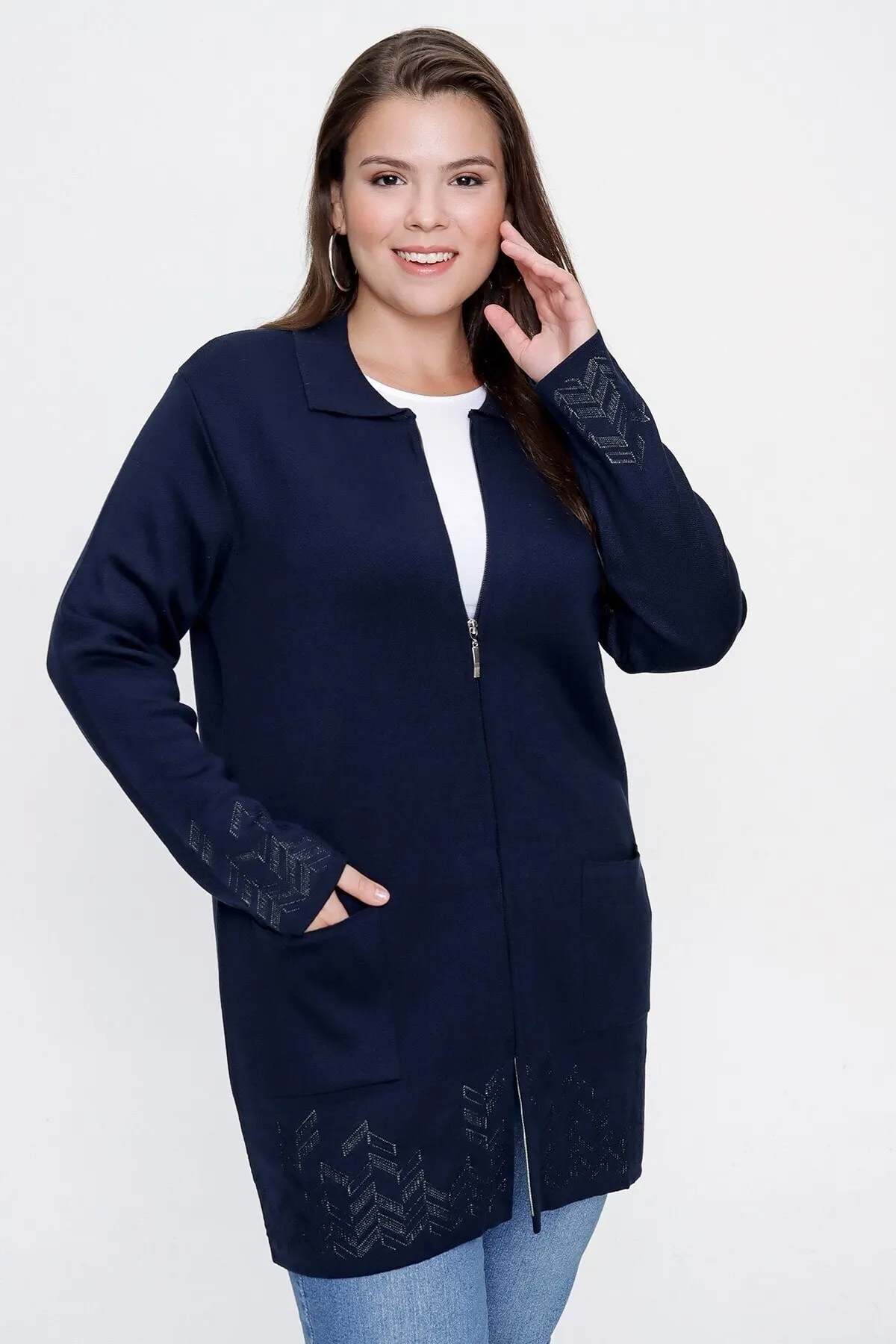 

Women's Cardigan Sleeves And Hems patterns Zipper Front Large Size Lycra Acrylic Knitwear Navy Blue Sweaters Navy Blue Sweaters