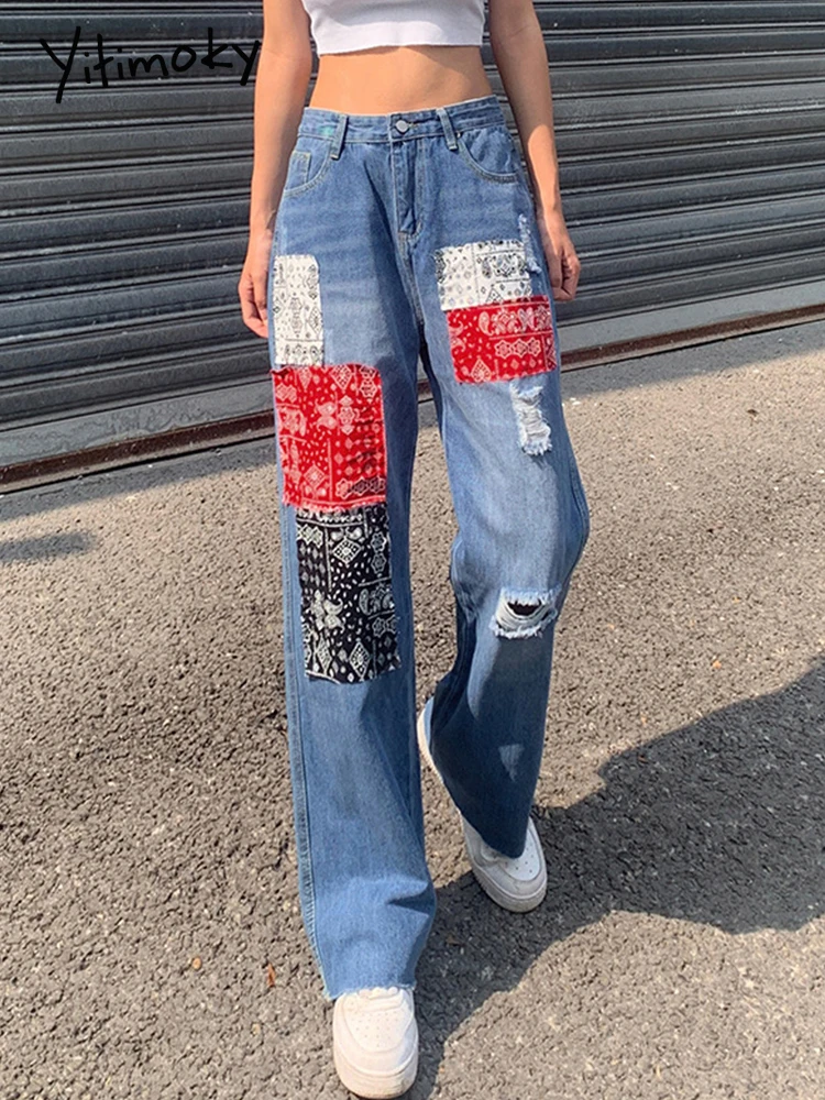 

Yitimoky 2022 Vintage Patchwork Jeans Women High Waist Wide Leg Pants Y2K Streetwear Cargo Denim Trousers Harajuku Casual Korean