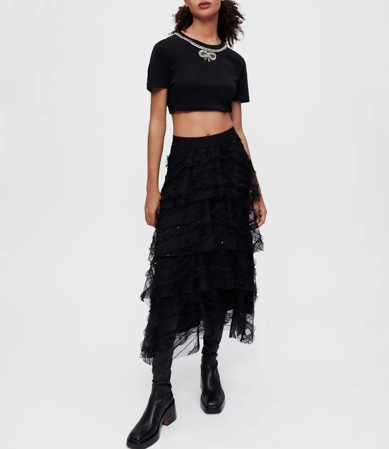 Lace Layered Ruffle Cake Skirt Autumn and Winter 2022 New Commuting High Waist Loose A-line Skirt for Women High-quality