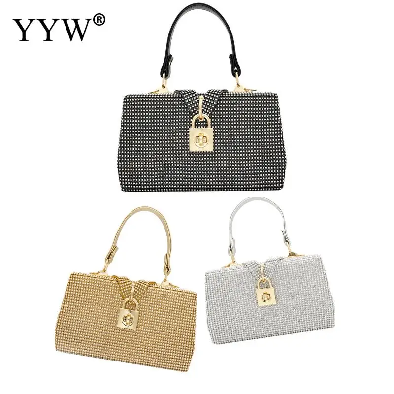 Luxury Rhinestone Women Clutch Bag Box with PU Leather Handle Interlocking Clasp Diamond Bucket Handbag Lady Daily Tote Purse