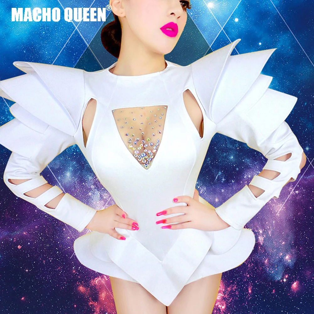 Женские цельные боди белые стразы певица сексуальные танцевальные костюмы для