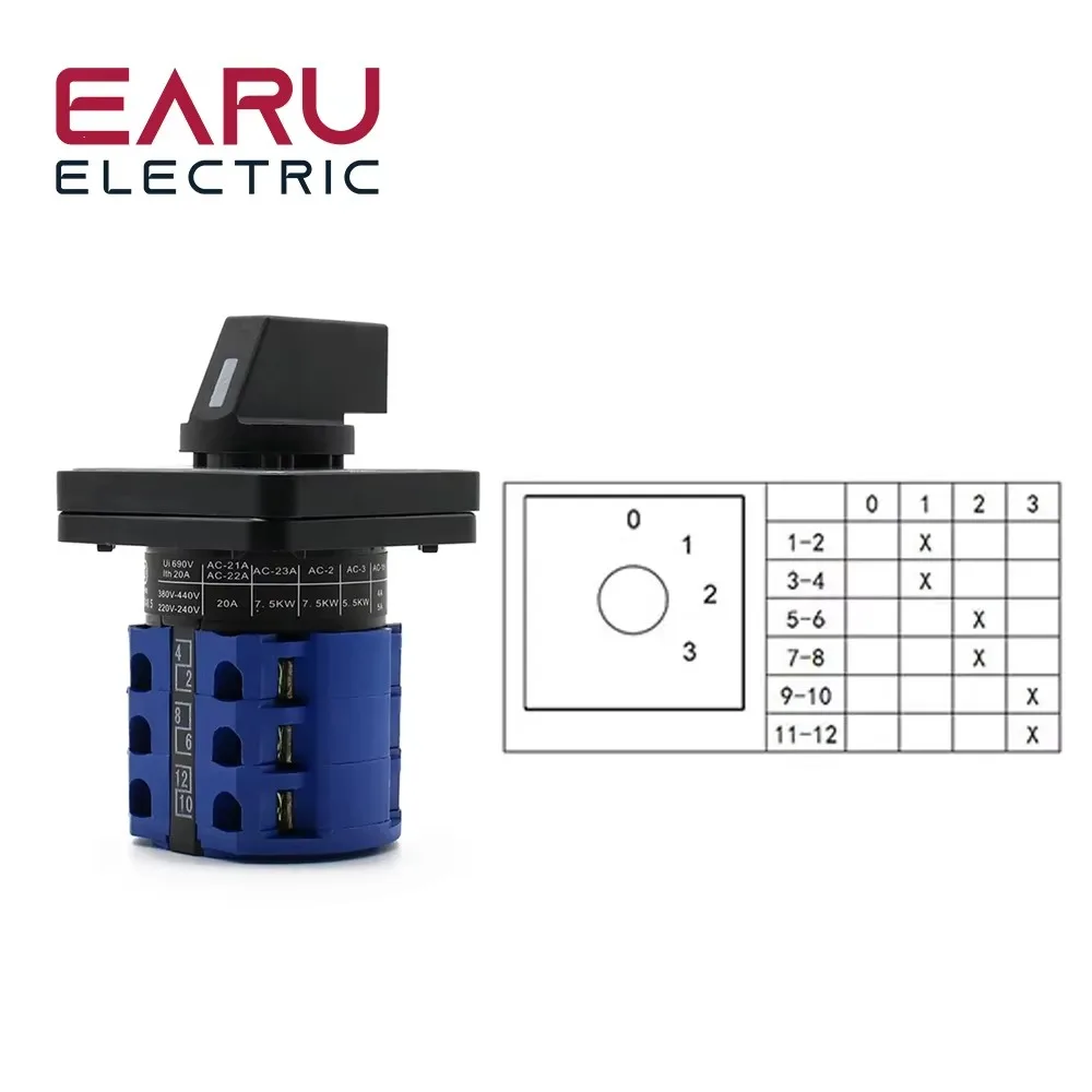 LW26-20 Электрический 2/3/4/6/7 позиционный серебряный контакт 20A 660 В 3-полюсный универсальный поворотный кулачковый переключатель LW28-20