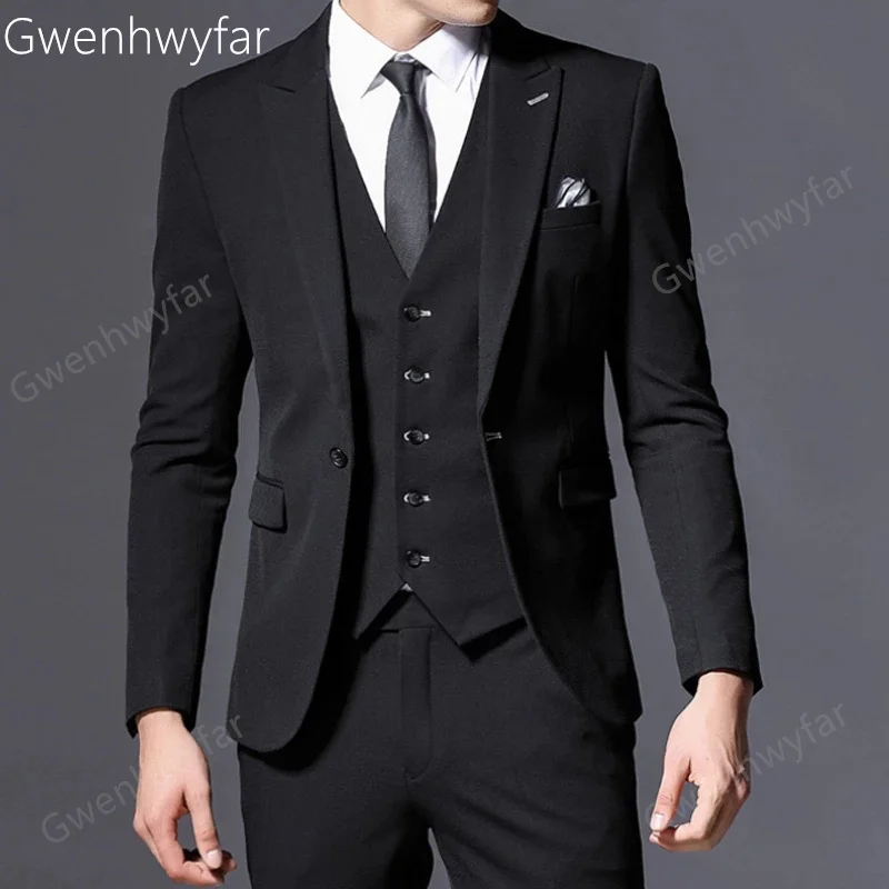 

Gwenhwyfar осень 2022, деловые костюмы для мужчин, 3 предмета, с вырезом на лацкане, одна кнопка, черный, приталенный силуэт, свадебный смокинг для жениха, платье для выпускного вечера