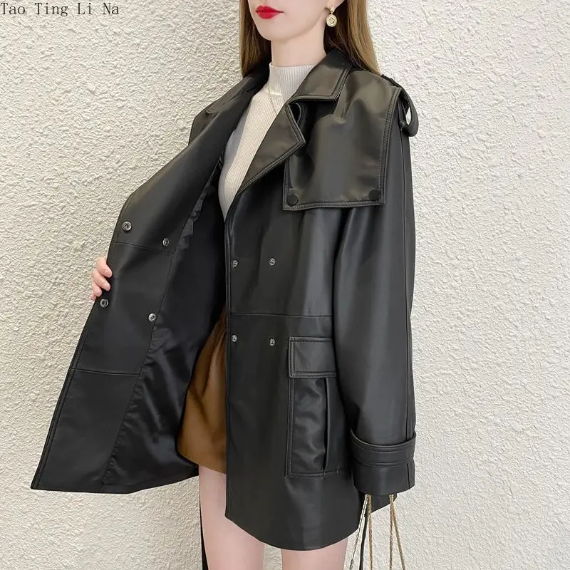 2022 Casual Genuine Sheep Leather Jacket New Lace-up Waist Mid-length Navy Collar Jacket H9