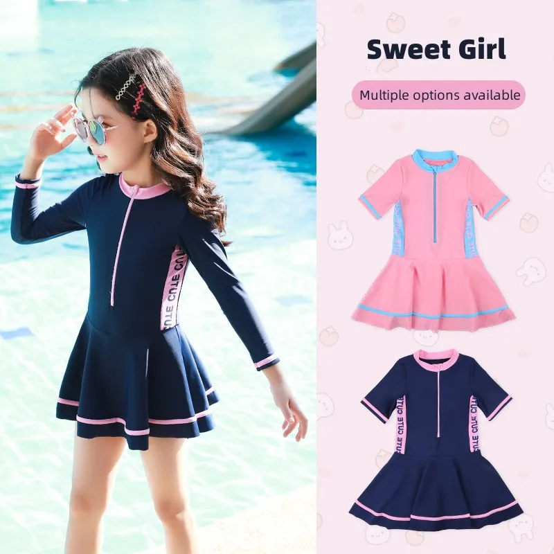 Children's Swimsuit For Girls Kids Long Sleeved Fashionable One Piece Middle-aged And Young Korean Princess Cute Style Swimwear