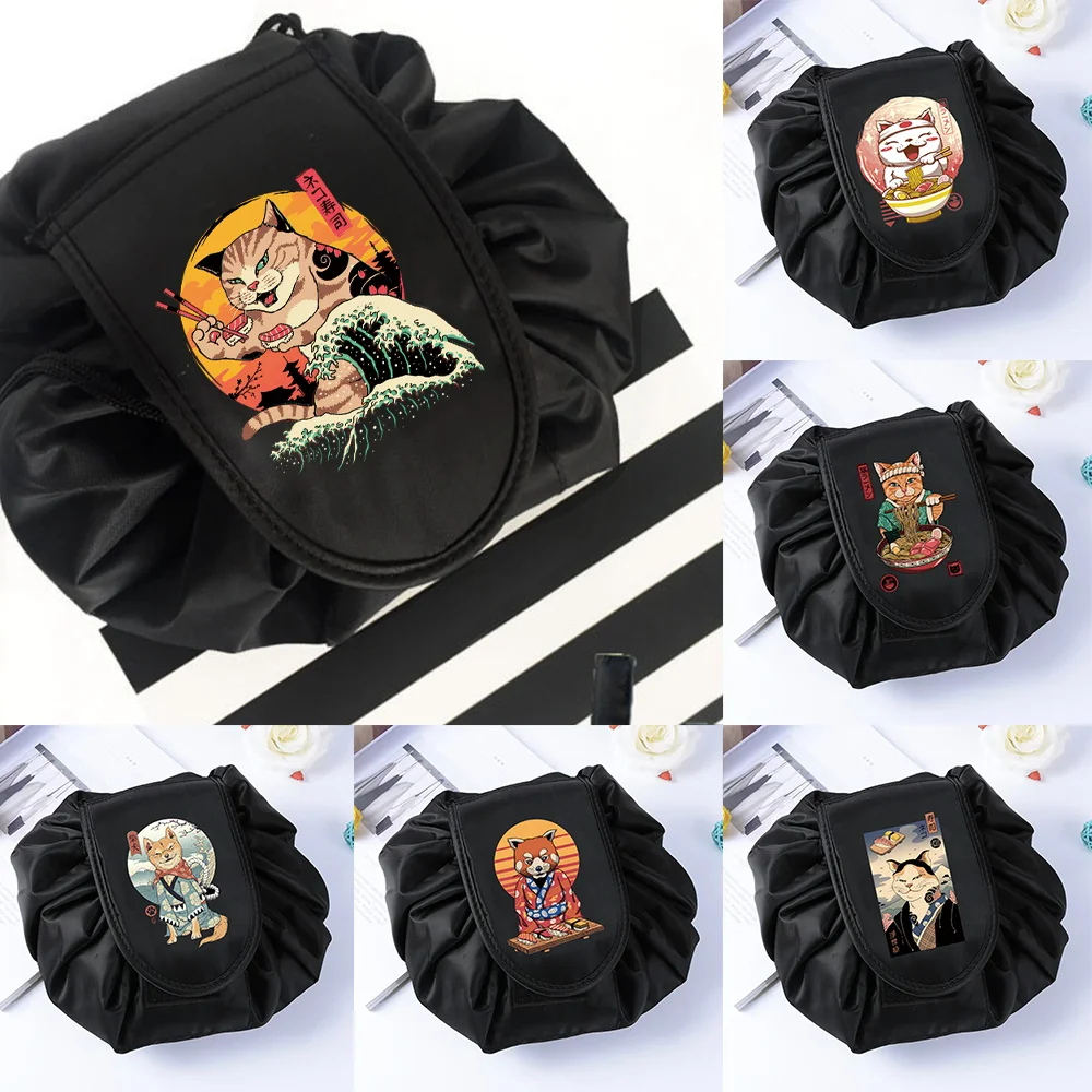 

Women Drawstring Cosmetic Bag Japan Cat Print Travel Makeup Bag Organizer Lazy Make Up Case Storage Pouch Toiletry Beauty Kit