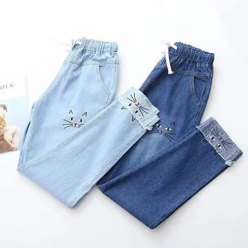 Женские джинсы с вышивкой кошки темно-светильник ние эластичные брюки из денима