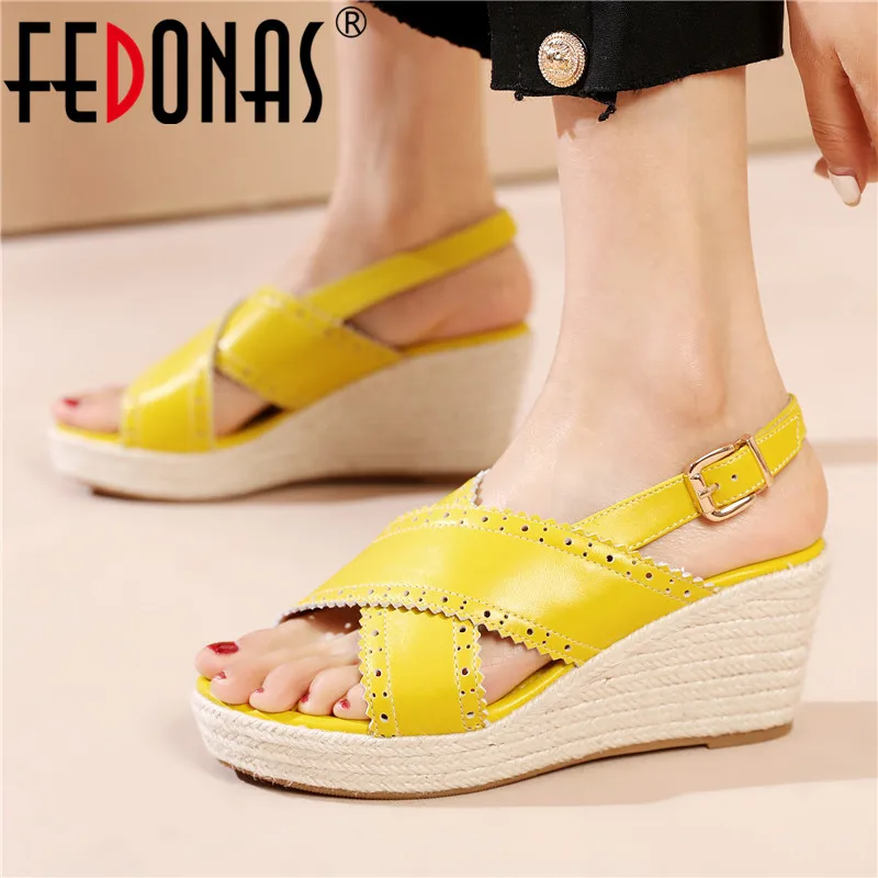 

FEDONAS Brand New Women Sandals Hollow Quality Genuine Leather Party Casual Office Platforms Wedges Heels Fashion Shoes Woman