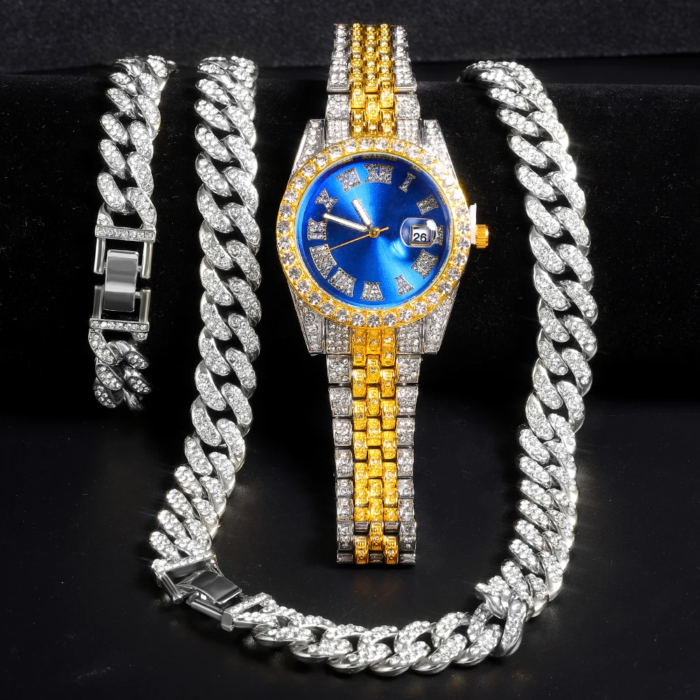 Iced Out Paved Rhinestone Necklace+Bracelet+Watch Suit Men Hip Hop Rapper Cuban Chain Gold Color Necklaces Men African Jewelry