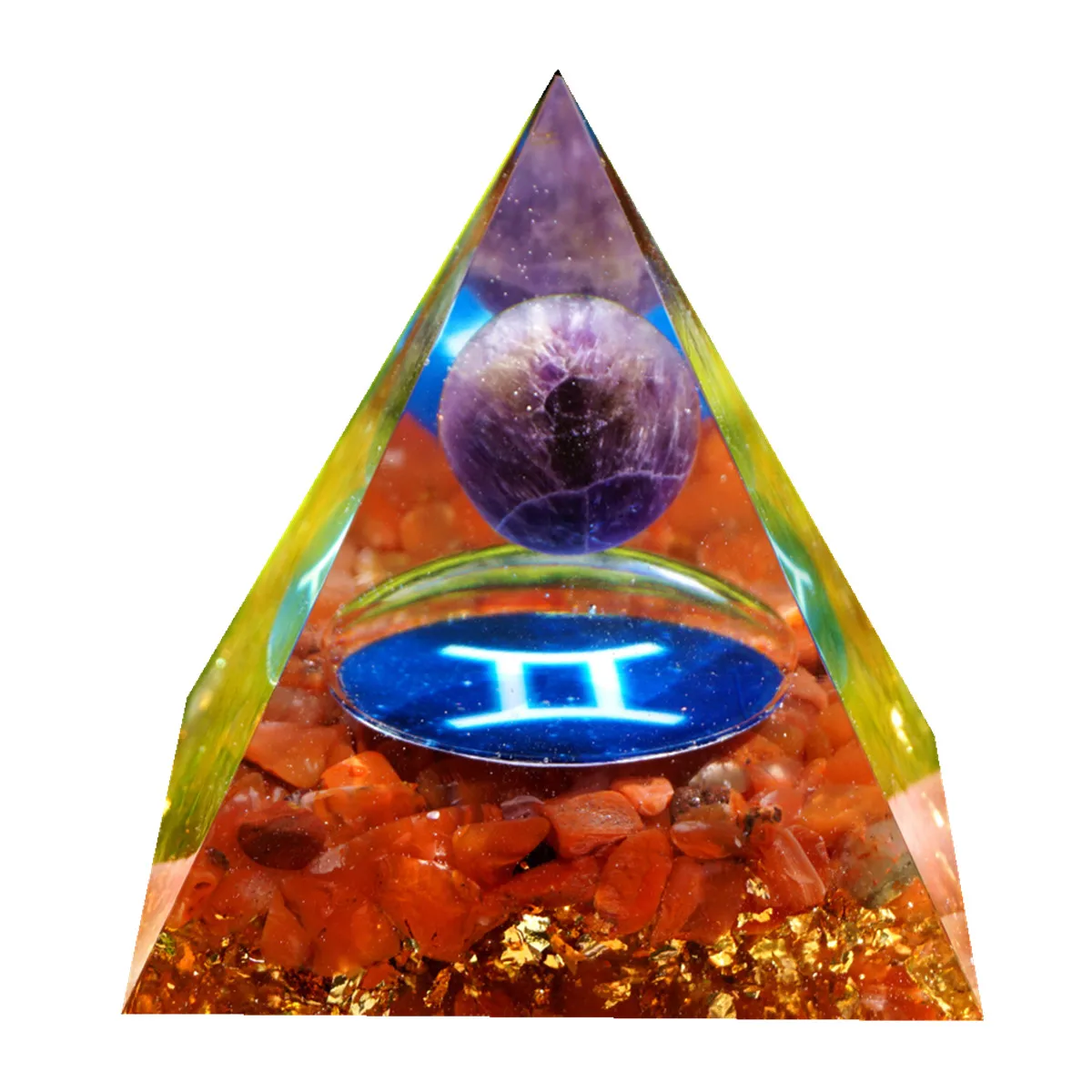 

Zodiac Amethyst Sphere Orgone Pyramid 60mm GEMINI Geometry Pattern with Red Agate Crystal Stone Orgonite EMF Protection