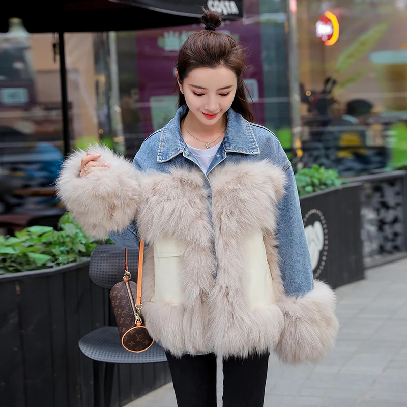 Women Plus Velvet Thickening Long Sleeve Coats Fall Korean Style Female Loose Imitation Fur Turf Pocket Stitching Denim Jackets