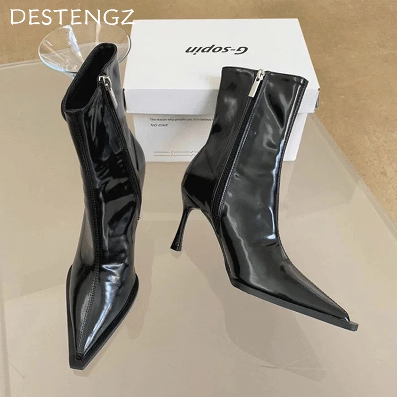 Кожаные женские ботильоны с острым носком модная обувь Sezy на высоком каблуке