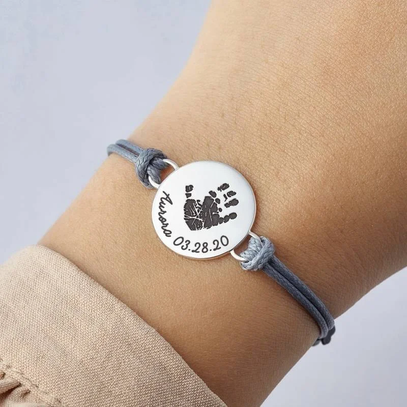 Baby Footprint Bracelet Personalized Rope Adjustable Men Custom Carved Handprint Stainless Steel Jewelry Women Bracelet Mom Gift