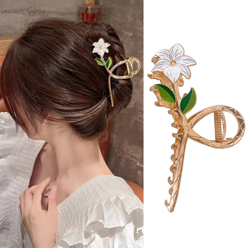 

Women Metal Hair Claw Vintage Lily Flower Shark Clip Alloy Barrette Hair Crab Ponytail Clip Diy Styling Tool Hair Accessories