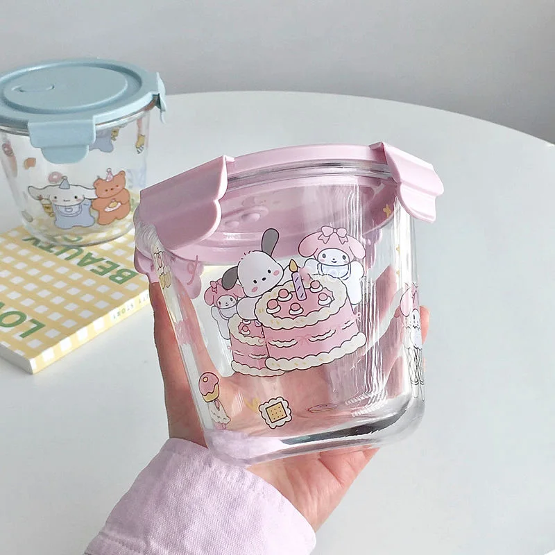 

Sanrio Mymelody Cinnamoroll Kuromi, стеклянная чаша, розовый Ланч-бокс для завтрака из овсянки, подходит для офисного использования, герметичный и термостойкий