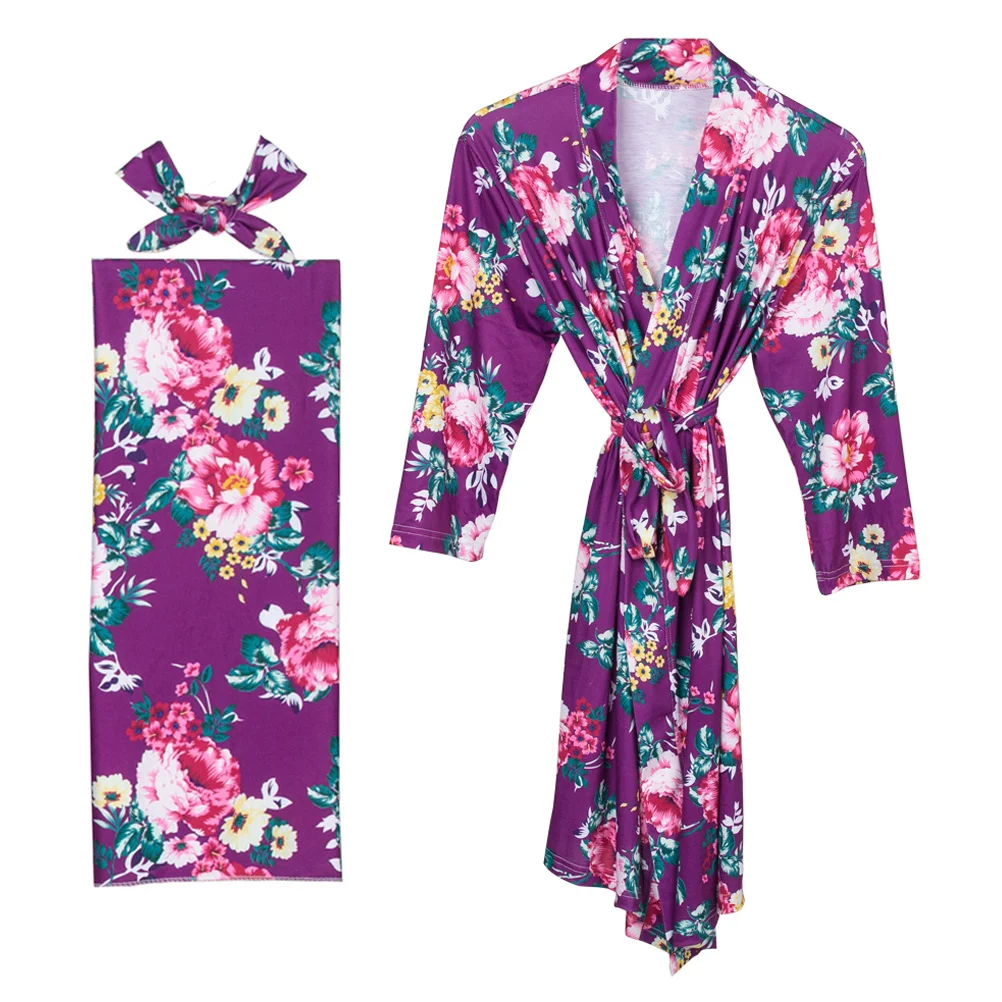 

3 Pcs Nightgowns Women Satin Maternity Ladies Suits Blanket Robe Bathrobe Infant Purple Pure Cotton Headband Bride