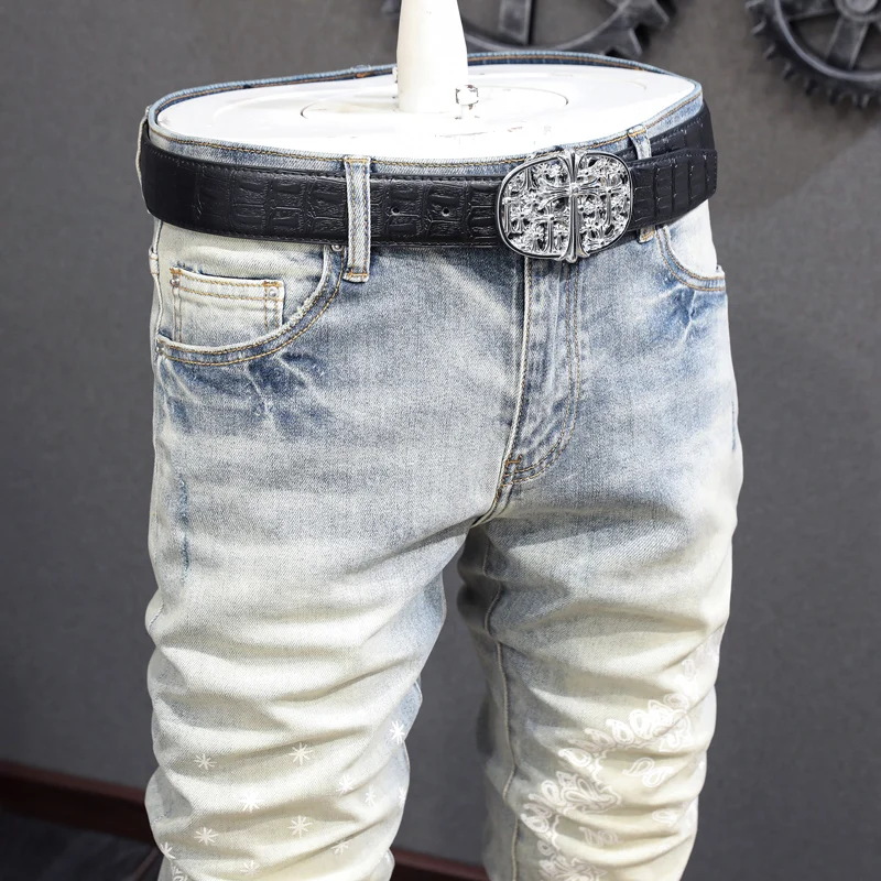 High Street Fashion Men Jeans Retro Yellow Blue Elastic Hole Skinny Ripped Jeans Men Printed Designer Hip Hop Brand Pants Hombre