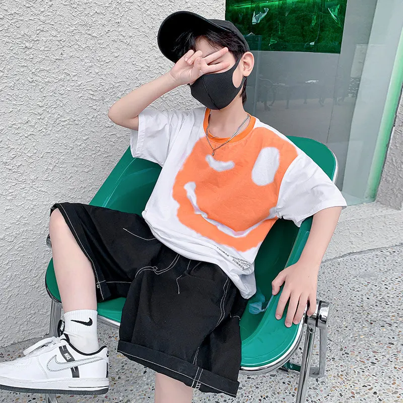Boys Summer Funny Pattern 2022 New Fashion Teenage Clothes Children Korean Casual Loose Short-Sleeved T Shirt+Shorts 2pcs Outfit