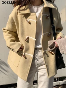 Женское зимнее пальто QOERLIN, роскошное шерстяное пальто, элегантная однотонная шикарная верхняя одежда с длинным рукавом, Дамское пальто с открытыми плечами, куртка