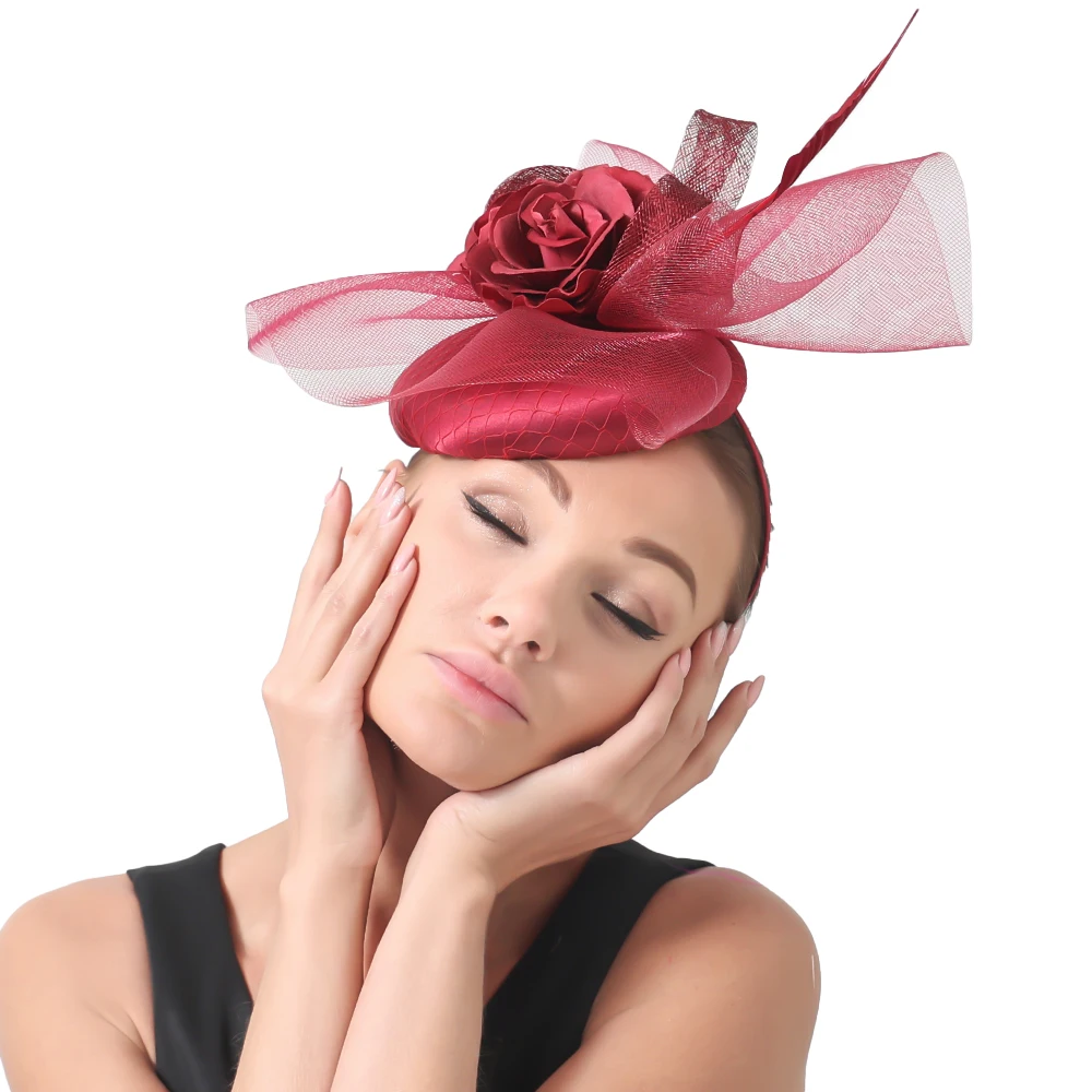 Marron Fascinator Hat с цветочной вуалью и перьями модные пятна свадебные головные уборы