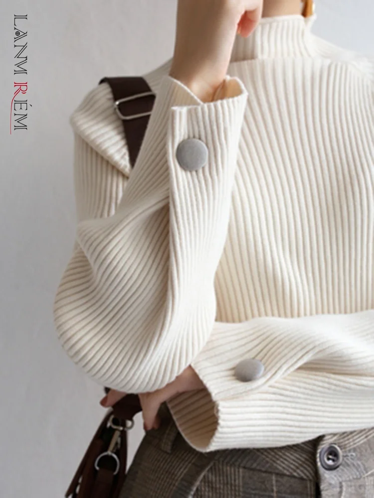 

LANMREM Женский вязаный свитер с высоким воротом, осенне-зимний элегантный пуловер, однотонный, на пуговицах, женская модная одежда, 2R8403