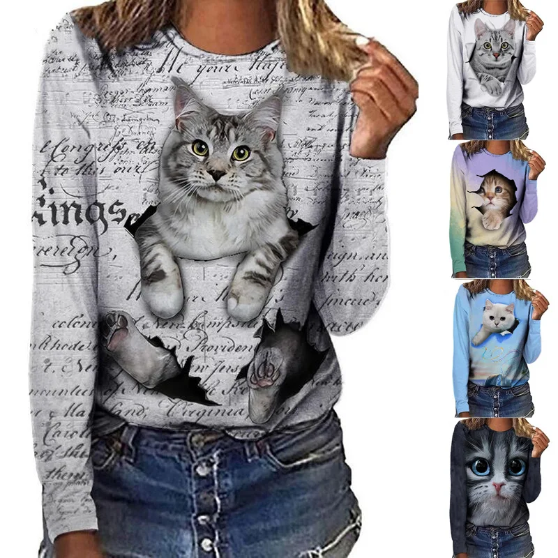 

2022 Women Casual Loose T-Shirt 3D Cat Letter Print Casual Tee Autumn Long Sleeve O Neck Simple Street Clothes Tosp Mode Femme