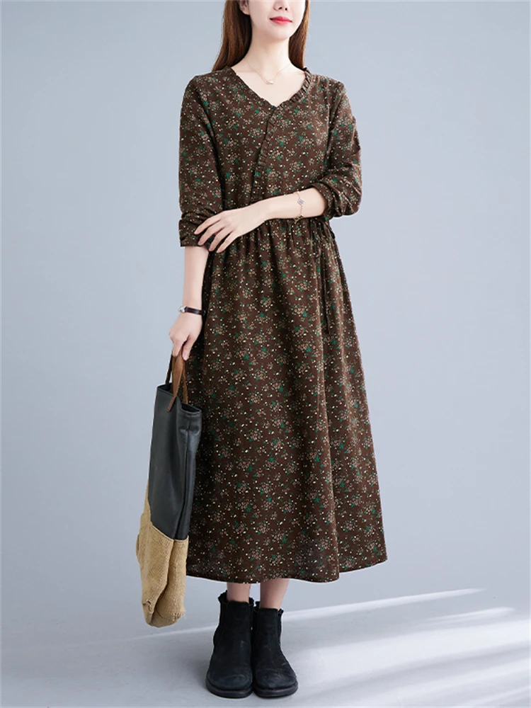 Женское Хлопковое платье с V-образным вырезом длинным рукавом и цветочным