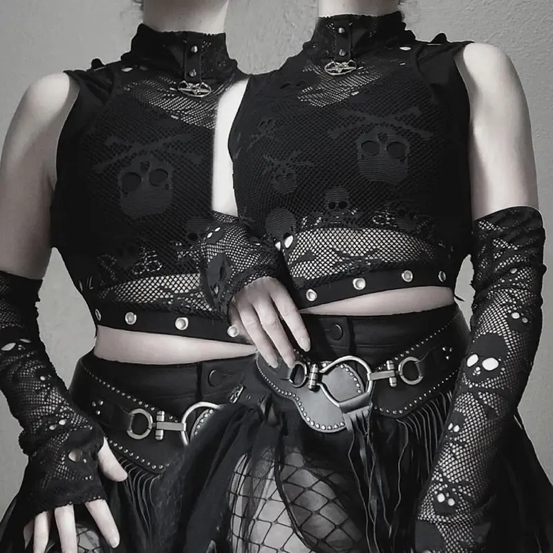 

Goth Dark Skull Fishnet Mall Gothic Women Tank Tops Grunge Aesthetic Punk Black Crop Top With Glove E-girl Emo Alternative Vests