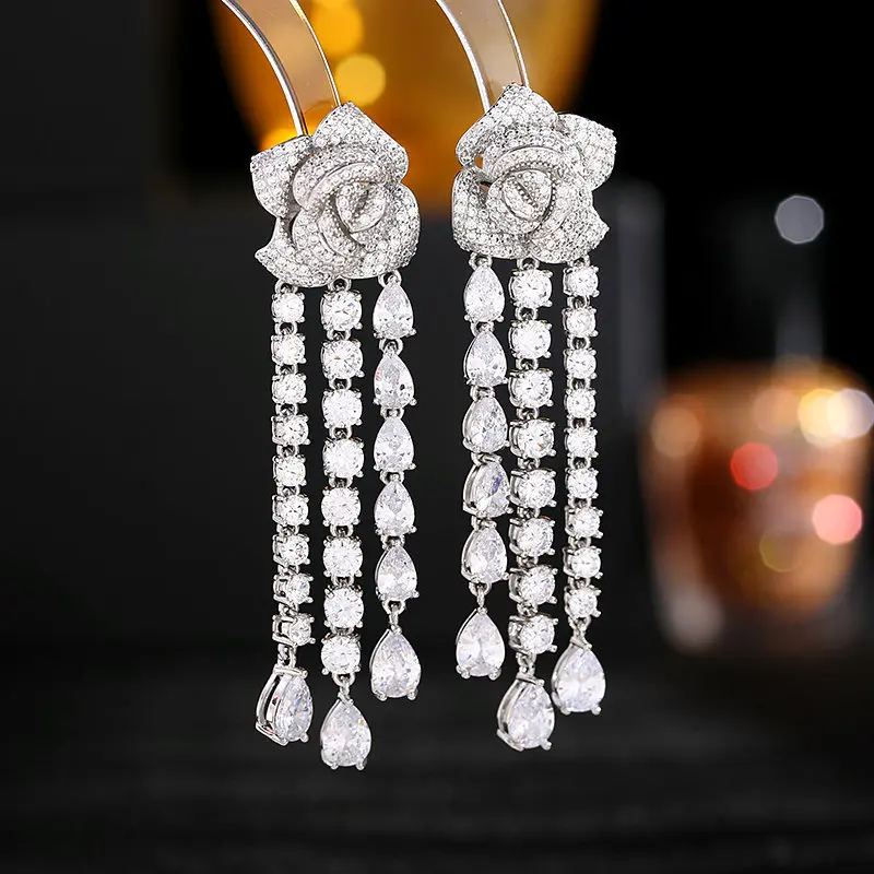 

S925 Silver Needle Cz Luxury High-end Dress with Earrings Women's Long Water Drop Three-dimensional Camellia Earrings Wholesale
