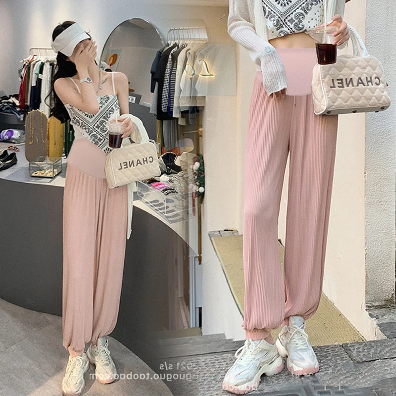 

8720# Summer Fashion Ice Silk Cool Smooth Maternity Jogger Pants Mosquito Trousers Clothes for Pregnant Women Pregnancy Casual