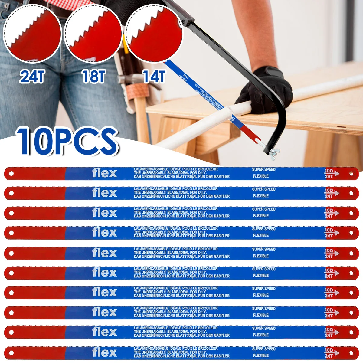 10pcs Hacksaw Blades Set Replacement Jig Fast Cutting 11.8 Inch Saw Blade for Bamboo Bone Frozen Meat PVC Pipe Cutting