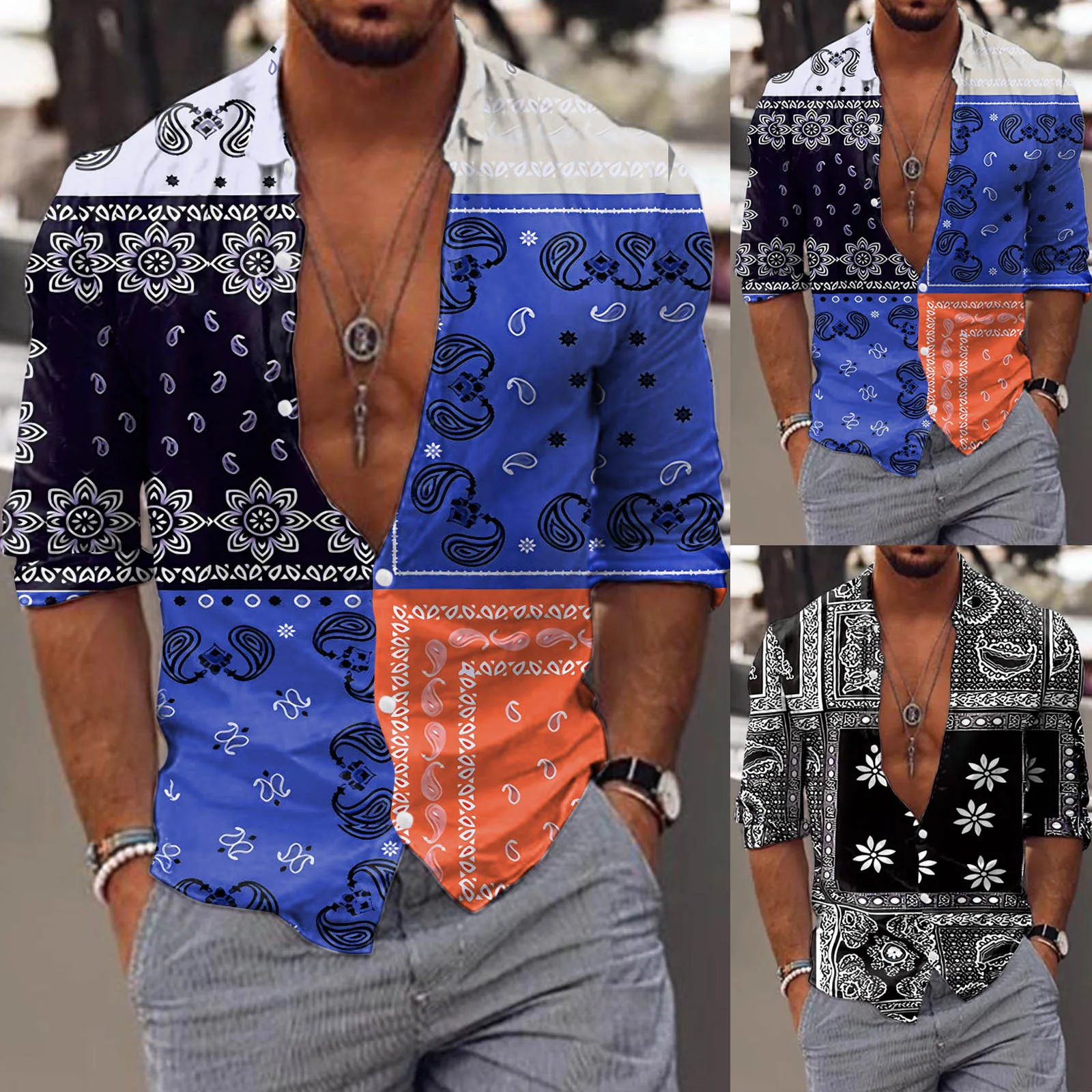 

Men Long Sleeve Autumn Winter Casual Printed Shirts Fashion Top Blouse Shirts T Shirts with Pockets for Men