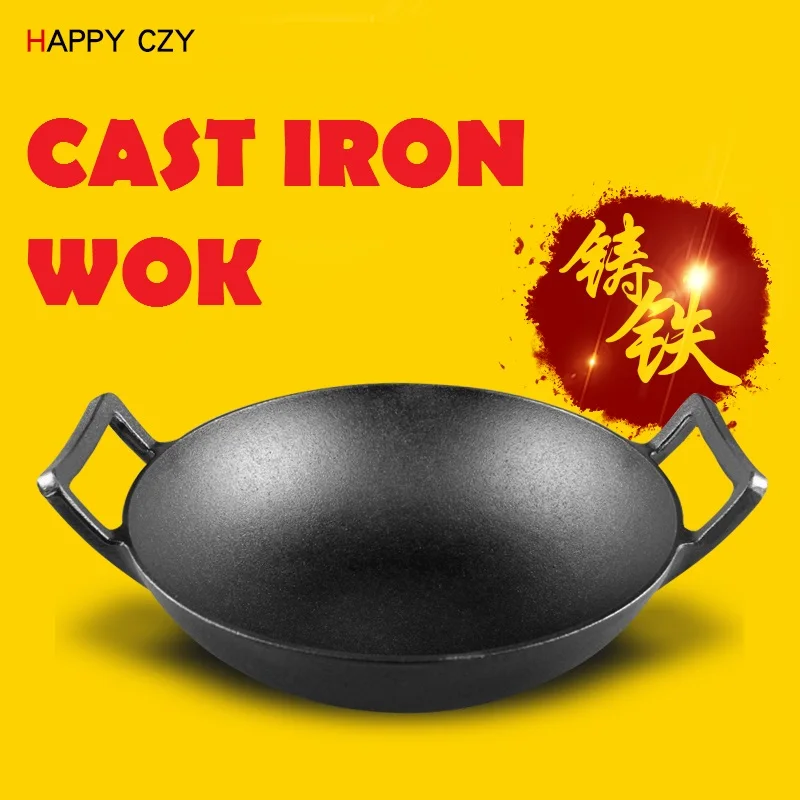 

High quality 32CM Flat bottom cast iron old fashioned manual thickening cast iron wok no coating japanese wok chinese wok