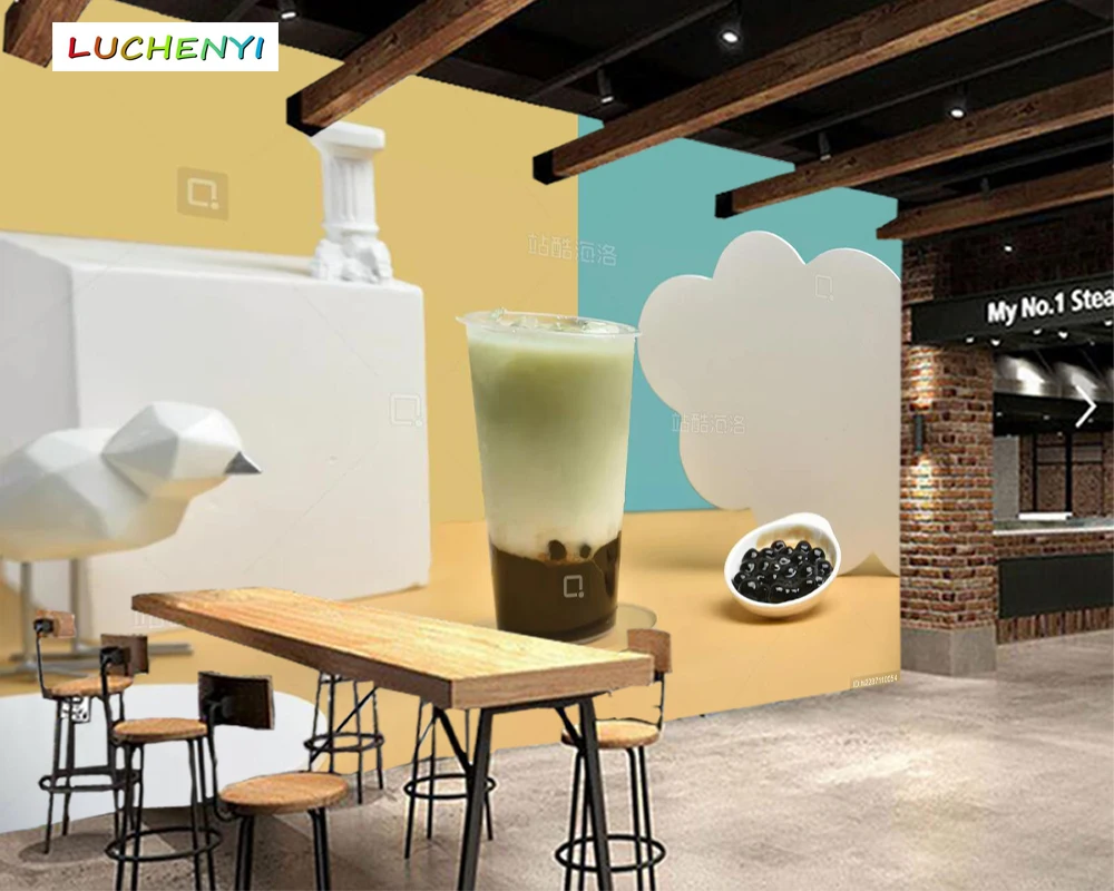 

Papel de parede custom matcha bubble milk tea 3d wallpaper mural, restaurant juice shop kitchen dining room wall papers sticker
